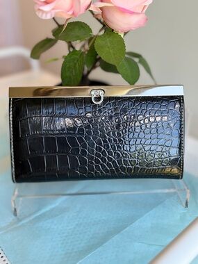 Black Croc-Embossed Frame Clutch with Silver Hardware